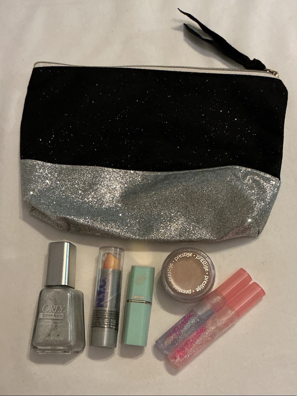 Glitter Black & Silver Cosmetic Pouch with Assorted Kids Bath & Body Accessories